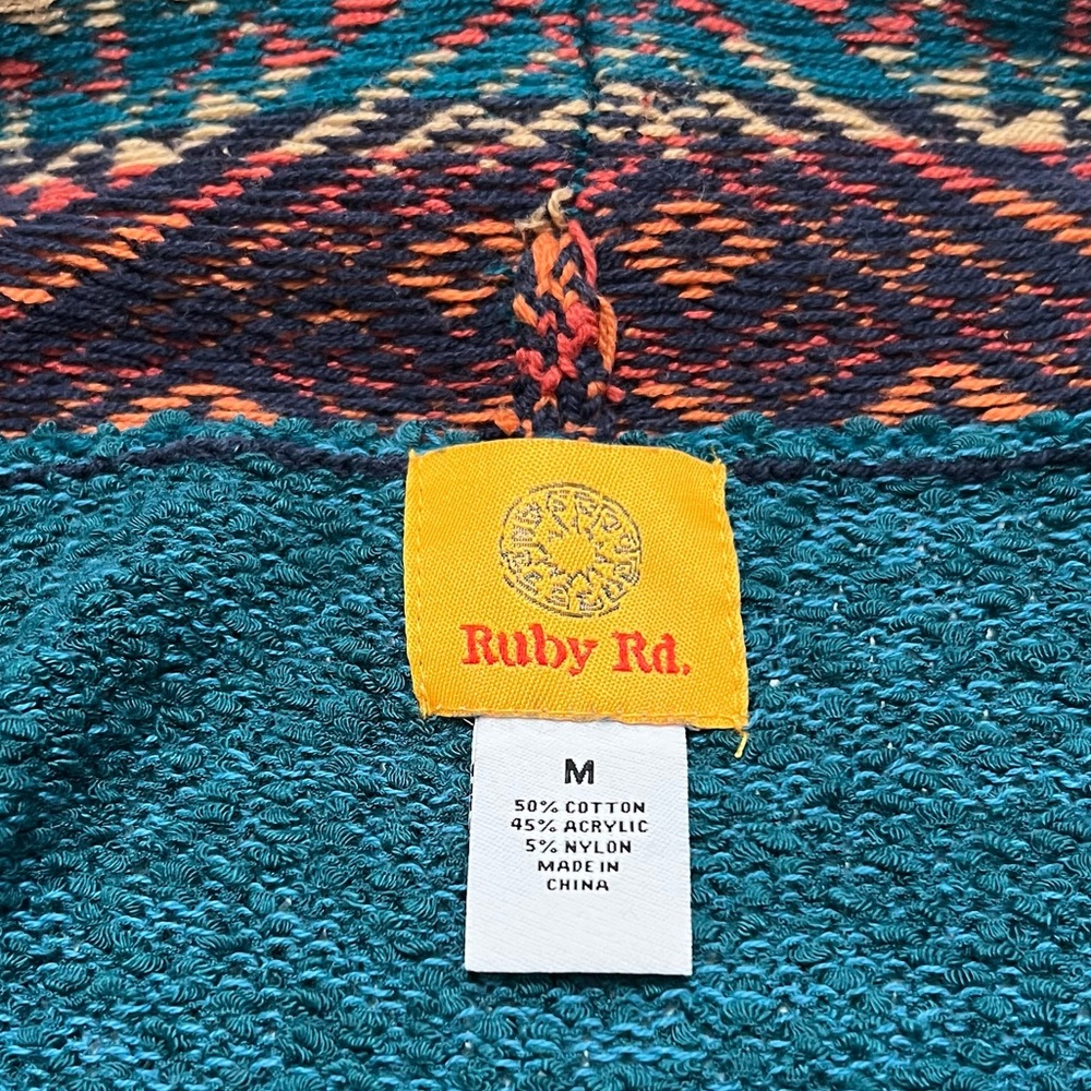 Ruby Rd. Teal Open-Front Cardigan with Multicolor Aztec Trim - Picture 5 of 8